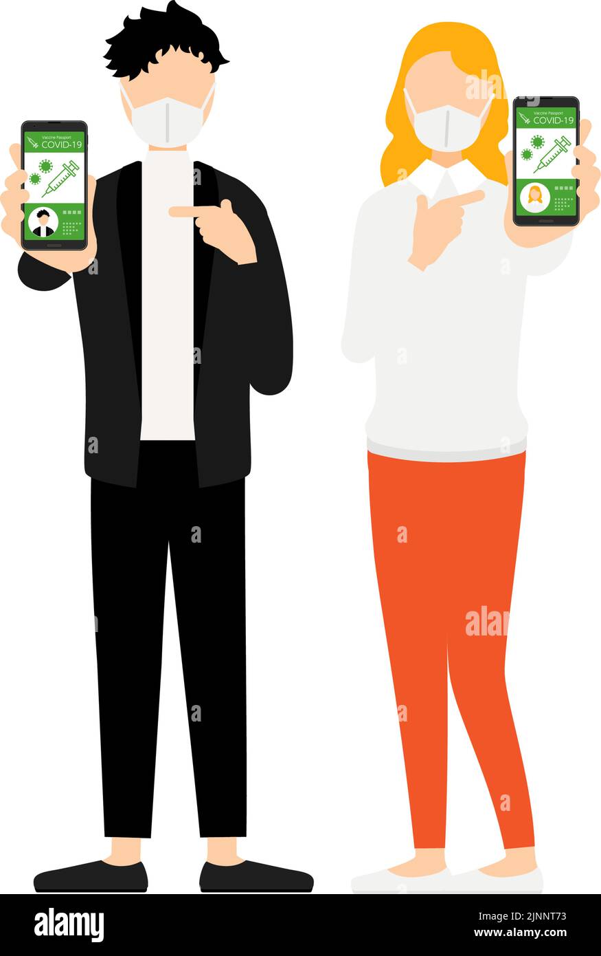 Men and women, Japanese men and Caucasian women, recommending vaccine passports for travel abroad. Stock Vector