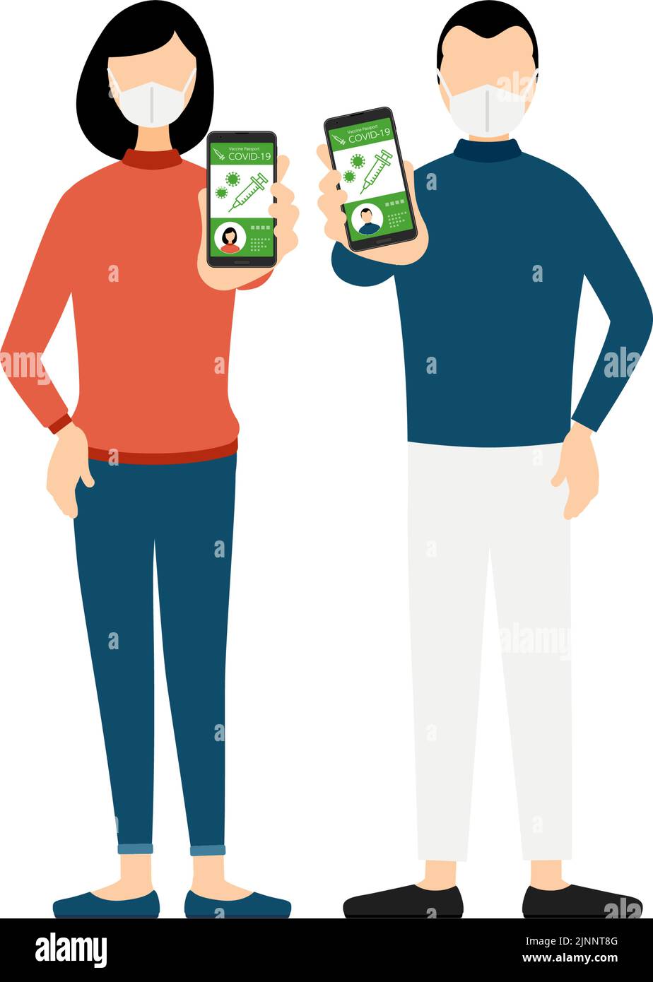 Men and women, Japanese women and Chinese men, recommending vaccine passports for travel abroad. Stock Vector
