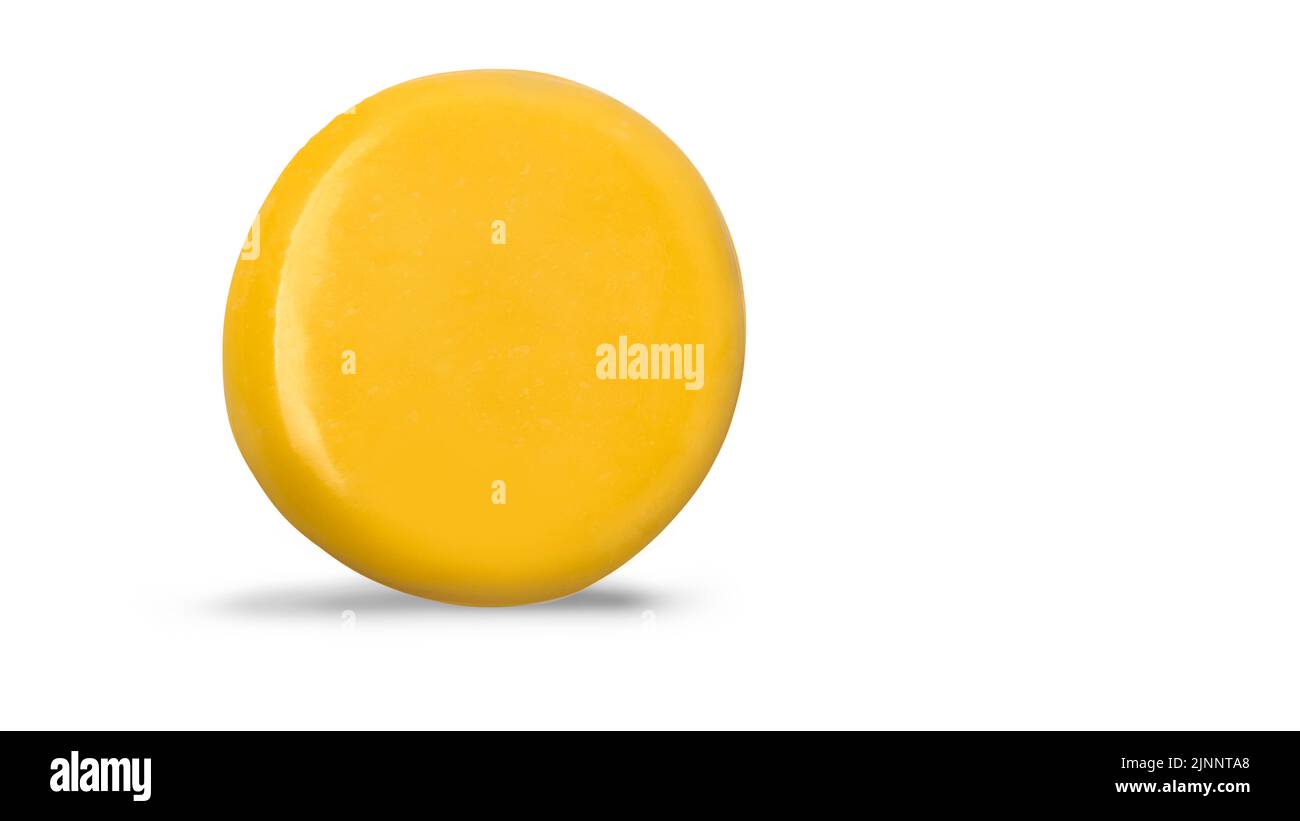 Cheese wheel isolated on white background. Packaging template mockup