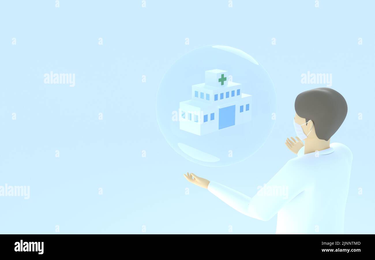3DCG Image of a doctor in a white coat, a safe hospital, and a