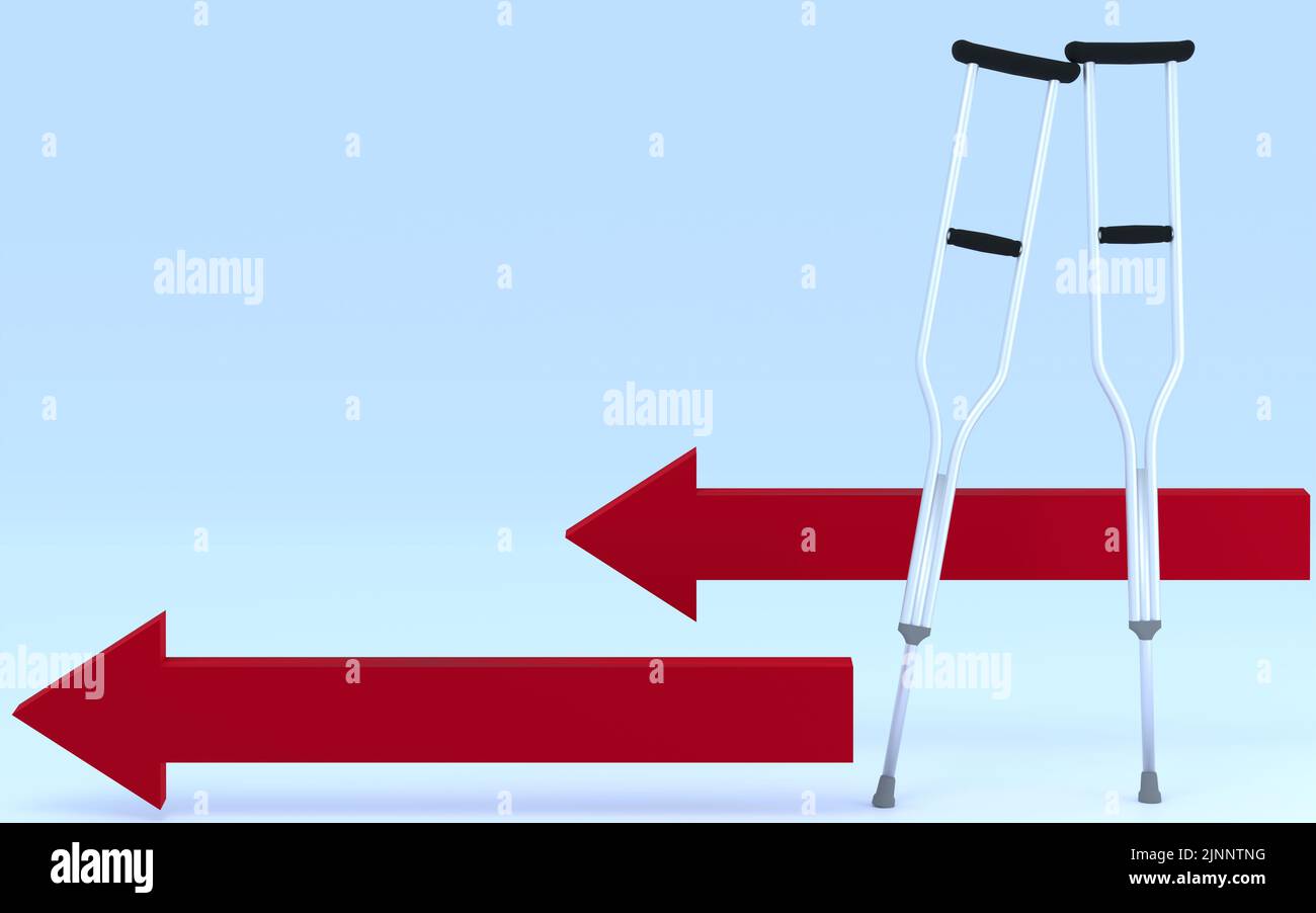 3DCG of realistic crutches and arrows, images of accidents and medical