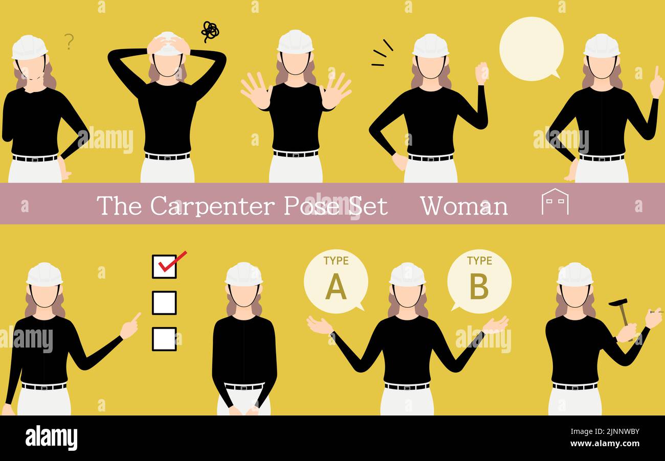 Pose set for woman carpenter, questioning, worrying, encouraging, pointing, etc. Stock Vector