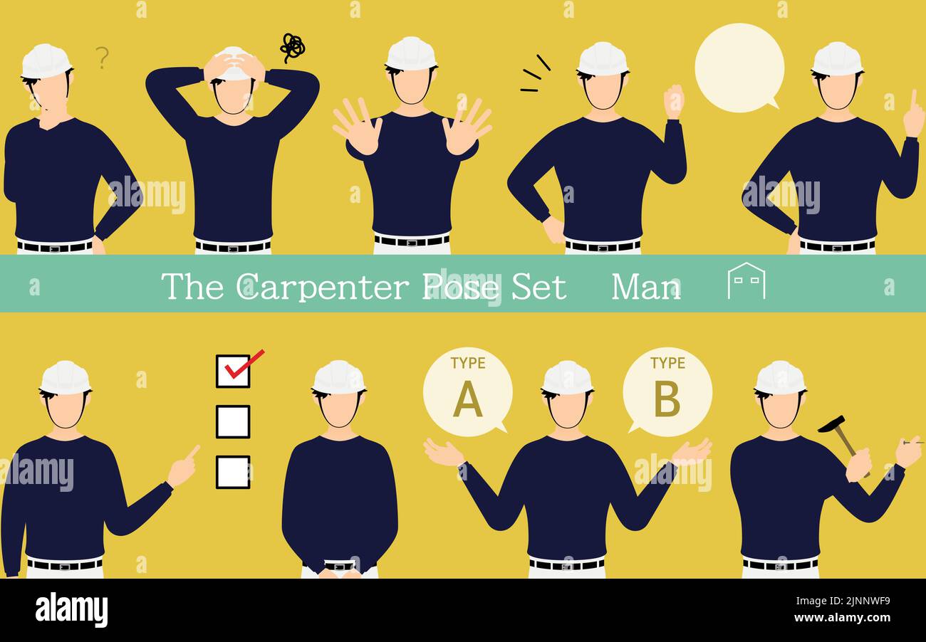 Pose set for man carpenter, questioning, worrying, encouraging, pointing, etc. Stock Vector