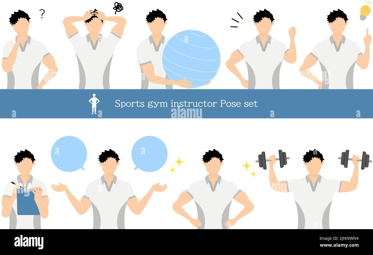 Gym instructor man pose set, questioning, worrying, encouraging ...