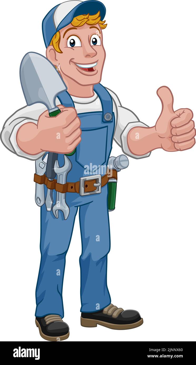A gardener, handyman or farmer cartoon caretaker contractor man holding a garden spade tool. Giving a thumbs up Stock Vector