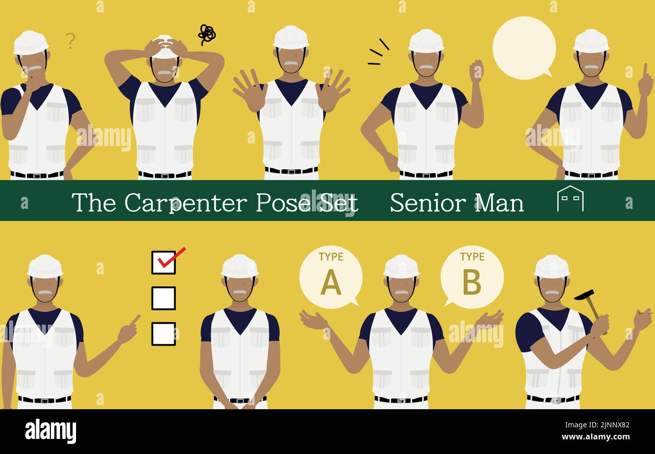 Pose set for senior man carpenter, questioning, worrying, encouraging, pointing, etc. Stock Vector