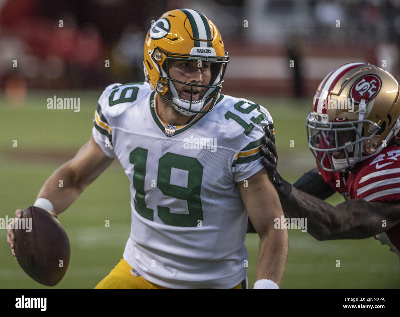 Santa Clara, USA. 13th Aug, 2022. Green Bay Packers quarterback Danny Etling (19) is pushed out of bounds by the San Francisco 49ers in the third quarter at Levi's Stadium in Santa Clara, California on Friday, August 12, 2022. The 49ers defeated the Packers 28-21 in their first preseason game Photo by Terry Schmitt/UPI Credit: UPI/Alamy Live News Stock Photo