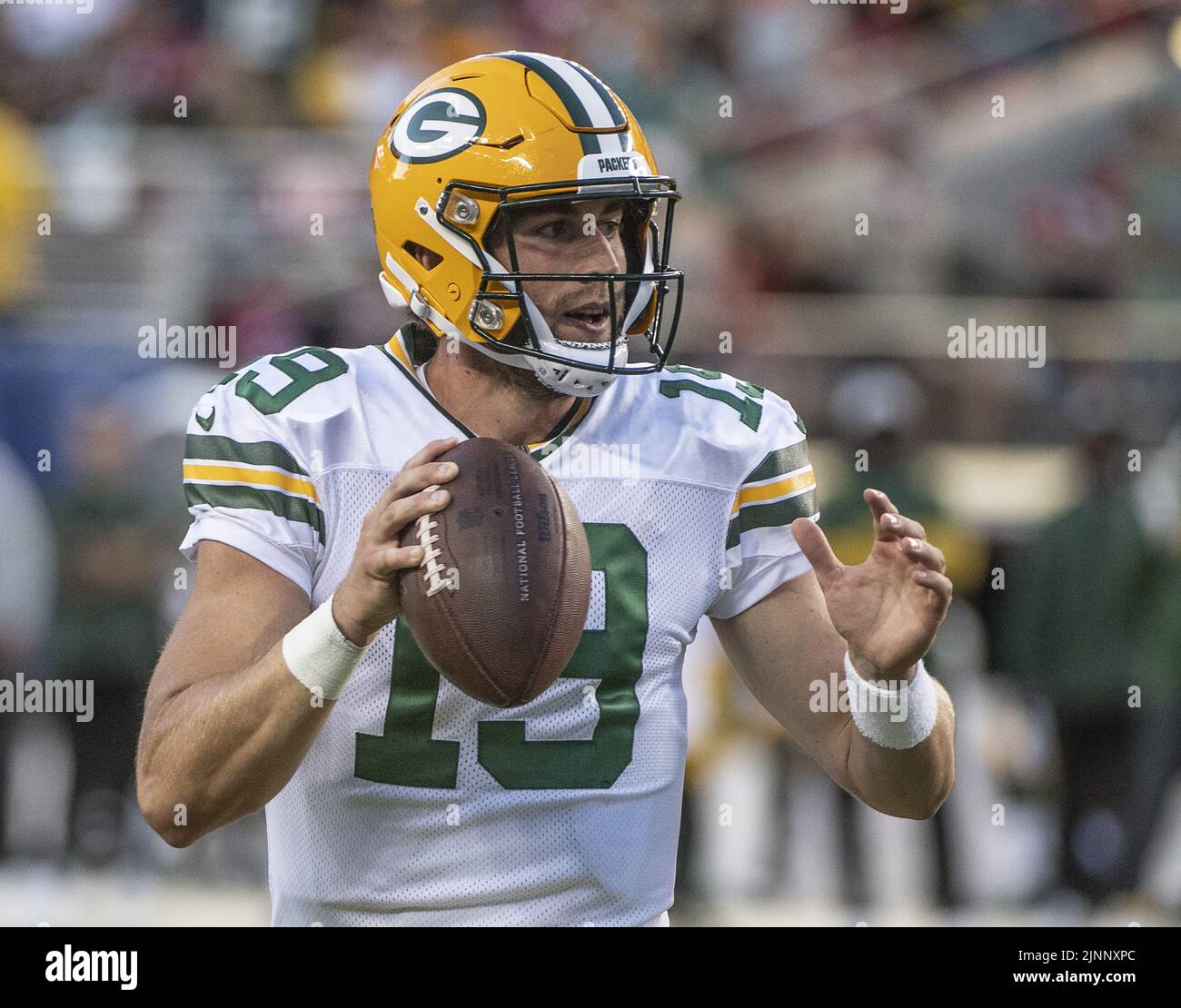 Santa Clara, USA. 13th Aug, 2022. Green Bay Packers quarterback Danny Etling (19) throws against the San Francisco 49ers in the third quarter at Levi's Stadium in Santa Clara, California on Friday, August 12, 2022. The 49ers defeated the Packers 28-21 in their first preseason game Photo by Terry Schmitt/UPI Credit: UPI/Alamy Live News Stock Photo