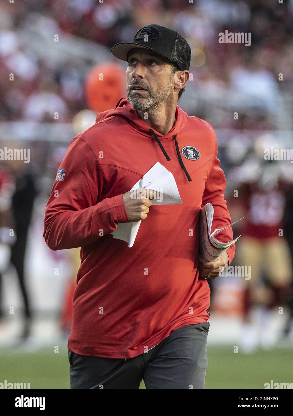 Santa Clara, USA. 13th Aug, 2022. San Francisco 49ers head coach Kyle Shanahan runs off the field at halftime against the Green Bay Packers at Levi's Stadium in Santa Clara, California on Friday, August 12, 2022. The 49ers defeated the Packers 28-21 in their first preseason game Photo by Terry Schmitt/UPI Credit: UPI/Alamy Live News Stock Photo