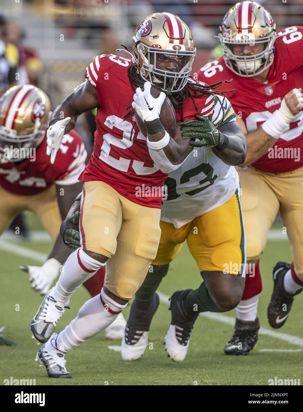 Santa Clara, USA. 13th Aug, 2022. San Francisco 49ers running back JaMycal Hasty (23) runs against the Green Bay Packers in the second quarter at Levi's Stadium in Santa Clara, California on Friday, August 12, 2022. The 49ers defeated the Packers 28-21 in their first preseason game Photo by Terry Schmitt/UPI Credit: UPI/Alamy Live News Stock Photo