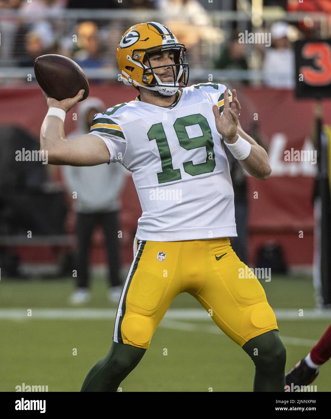 Santa Clara, USA. 13th Aug, 2022. Green Bay Packers quarterback Danny Etling (19) throws against the San Francisco 49ers in the third quarter at Levi's Stadium in Santa Clara, California on Friday, August 12, 2022. The 49ers defeated the Packers 28-21 in their first preseason game Photo by Terry Schmitt/UPI Credit: UPI/Alamy Live News Stock Photo