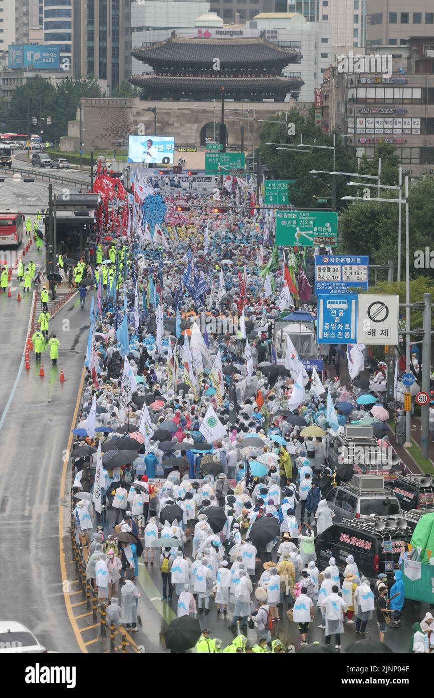 13th Aug, 2022. Anti-war rally Activists protesting against South Korea's military training with the United States stage a rally as they head to the presidential office in central Seoul on Aug. 13, 2022. Credit: Yonhap/Newcom/Alamy Live News Stock Photo