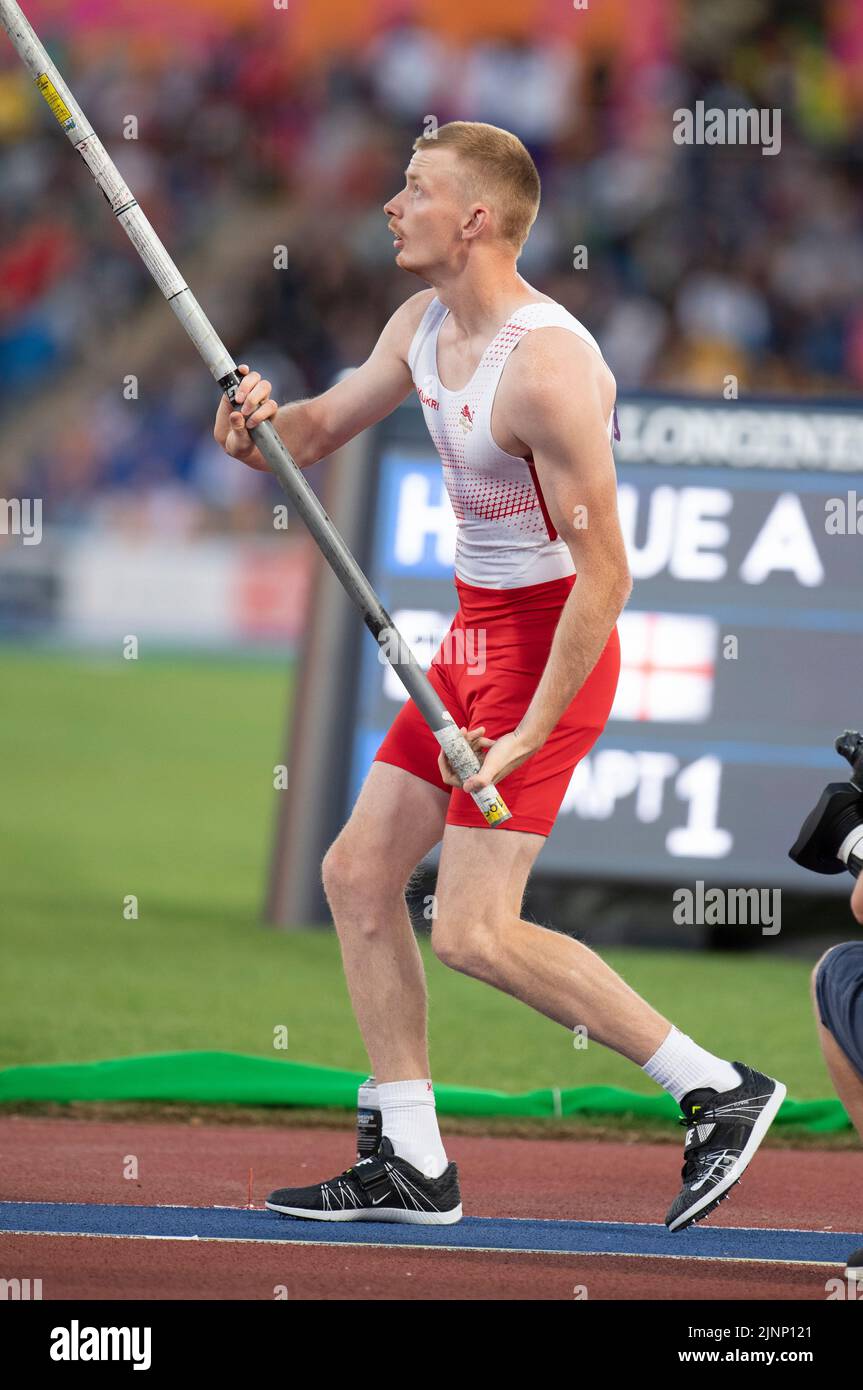 Adam Hague of England competing in the men’s pole vault final at the