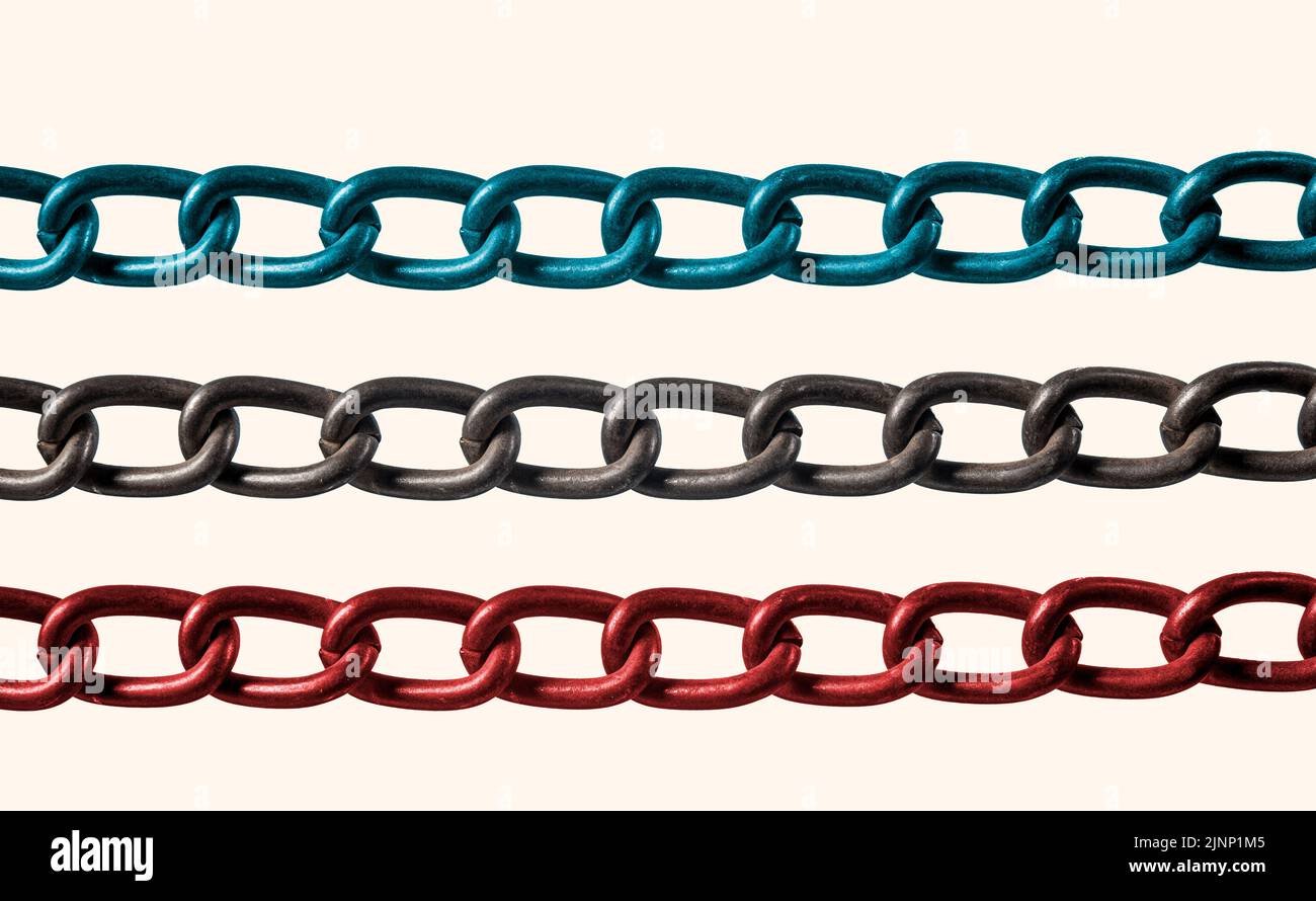 Blue red and black metal chains showing concept of freedom. Stock Photo