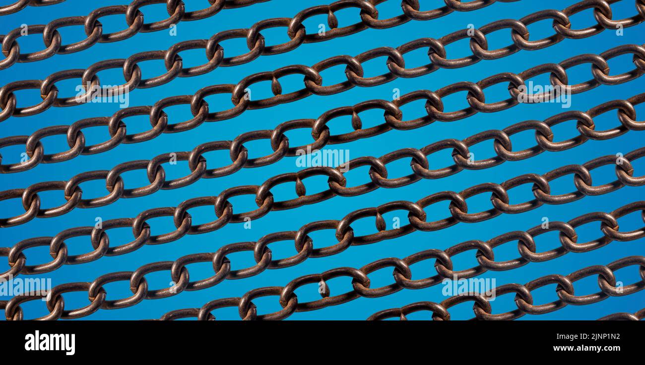 Concept of ban expressed with metal chains on blue background. Stock Photo