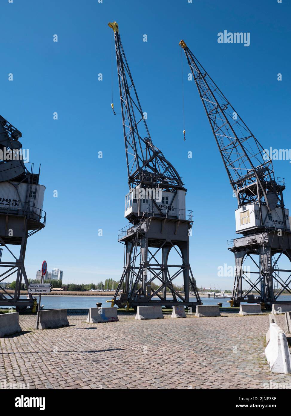 Antwerp, Belgium, April 17, 2022, The largest museum collection of harbor cranes in the world on the Scheldt quays in Antwerp Stock Photo