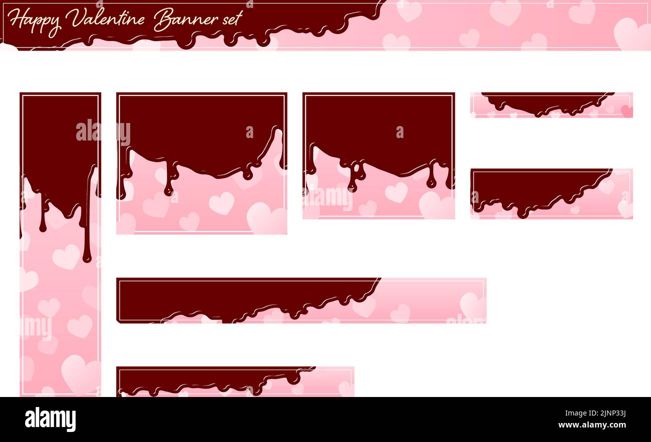 Valentine's Day banner, pink heart background with dripping chocolates Design Set Stock Vector