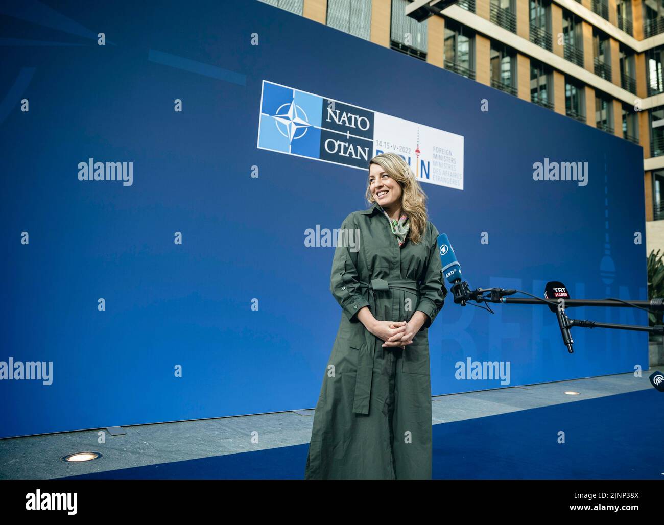 Berlin, Deutschland. 14th May, 2022. Canada's Foreign Minister, Melanie Joly, during a doorstep at the Informal Meeting of NATO Foreign Ministers in Berlin. Credit: dpa/Alamy Live News Stock Photo