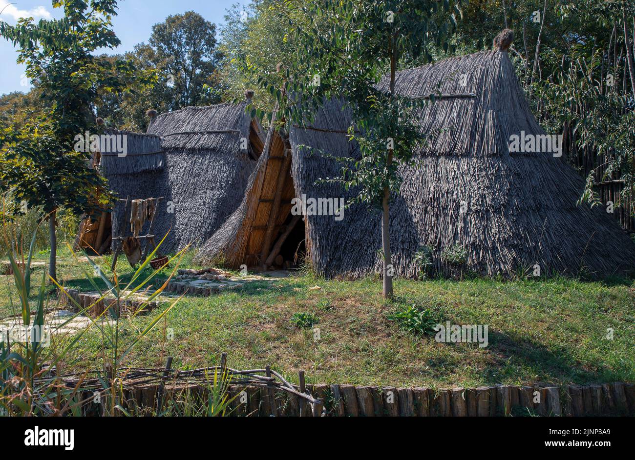 Reconstruction of a fishing settlement from the late Neolithic Vinca culture Stock Photo