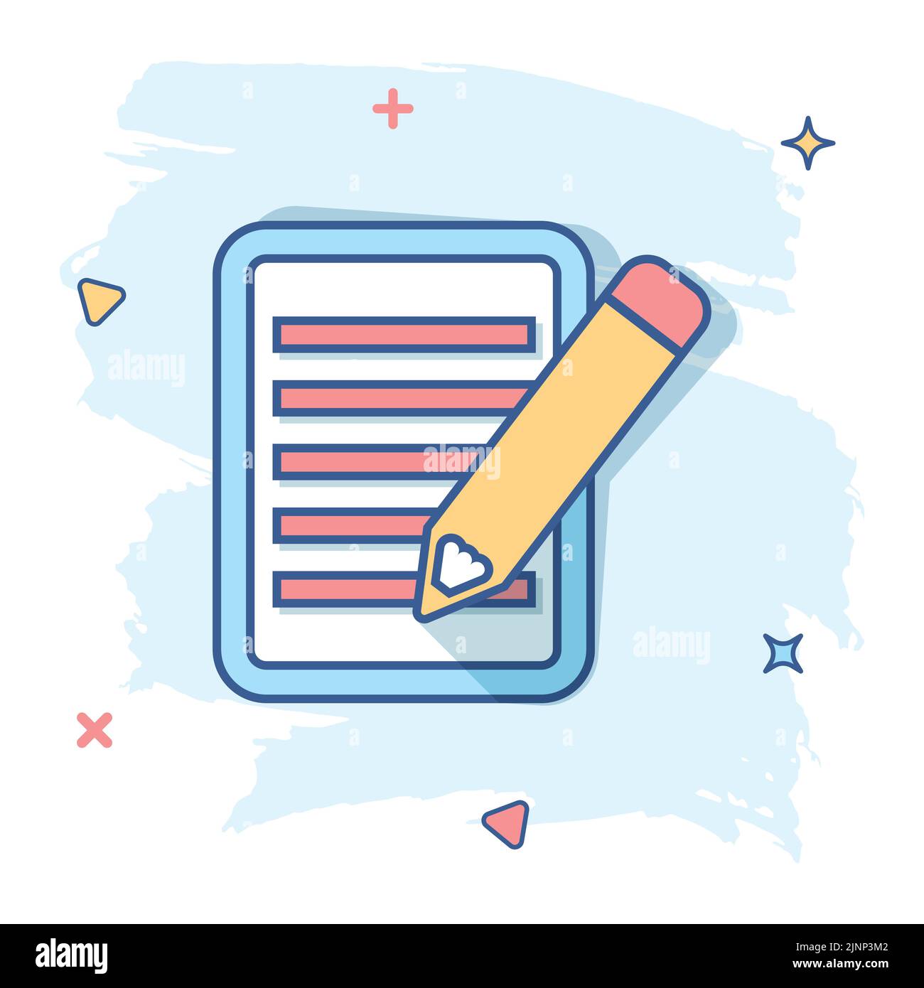 Vector cartoon document with pencil icon in comic style. Note with pen ...