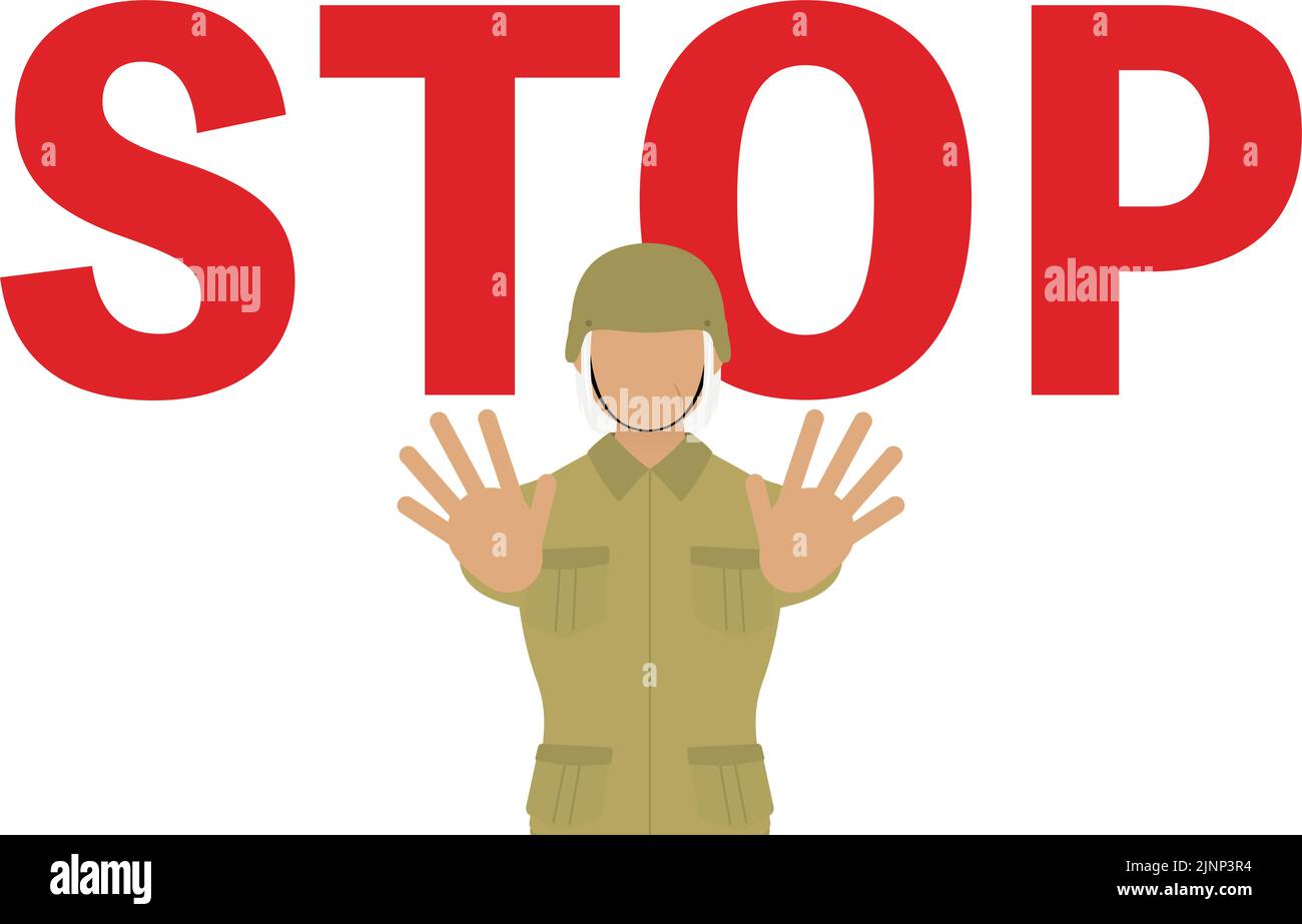 Senior female soldier making a gesture of STOP, prohibition or restriction. Stock Vector