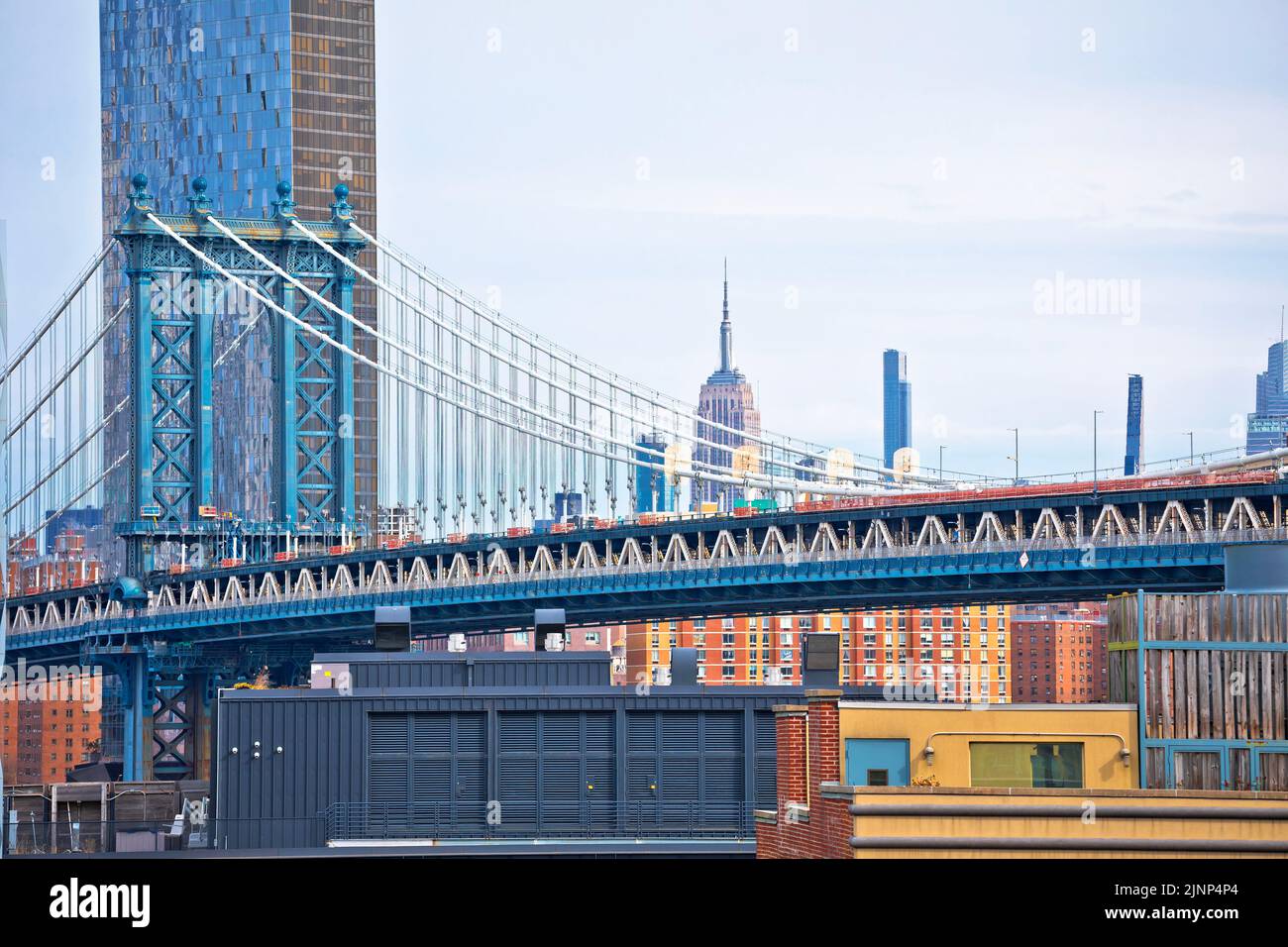 Manhattan bridge and New York City skyline view, USA Stock Photo