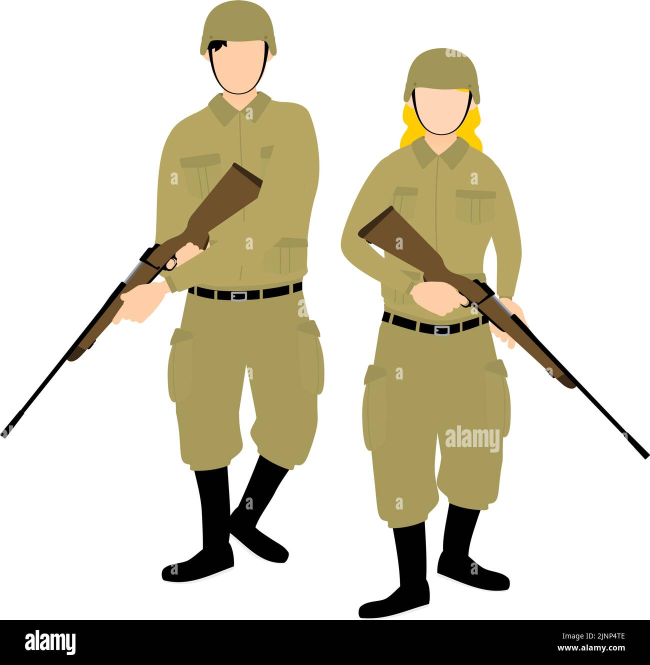 Male and female soldiers holding rifles, war and savage game Stock Vector