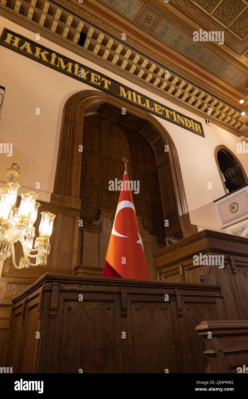 Turkish Flag and sovereignty belongs to nation or hakimiyet milletindir text on the wall in first building of the parliament of Turkey. Ankara Turkey Stock Photo