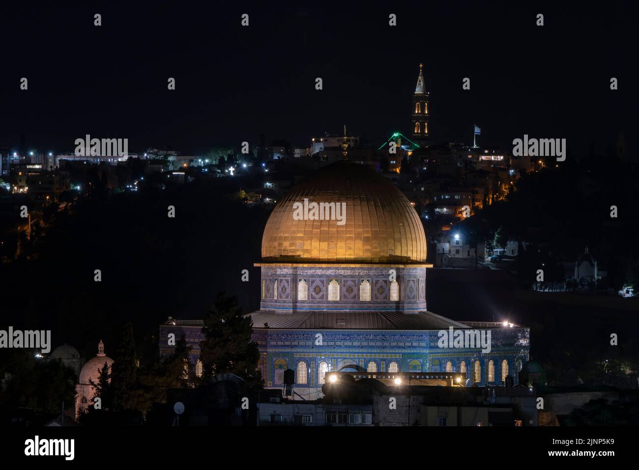 View at night of Dome of the Rock in the Temple Mount known to Muslims as the Haram esh-Sharif in the Old City East Jerusalem Israel Stock Photo
