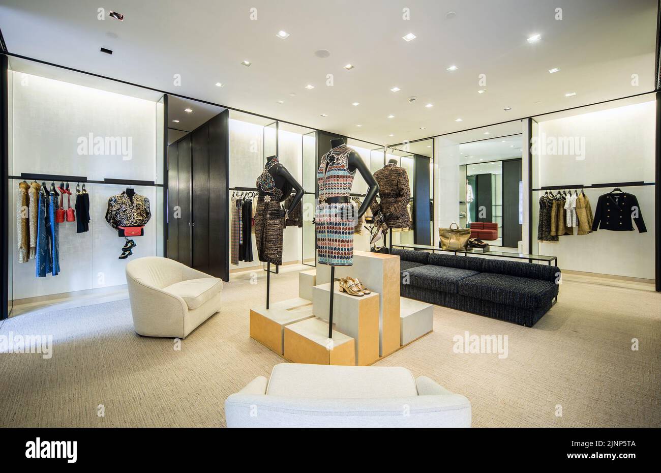 Kyiv, Ukraine, June 18, 2019. Interior of Chanel Boutique - luxury high fashion showroom. Hall of sale exposition. Stock Photo