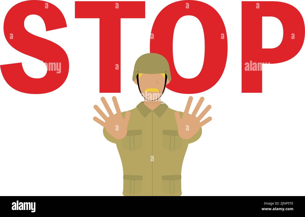 Senior male soldier making a gesture of STOP, prohibition or restriction. Stock Vector