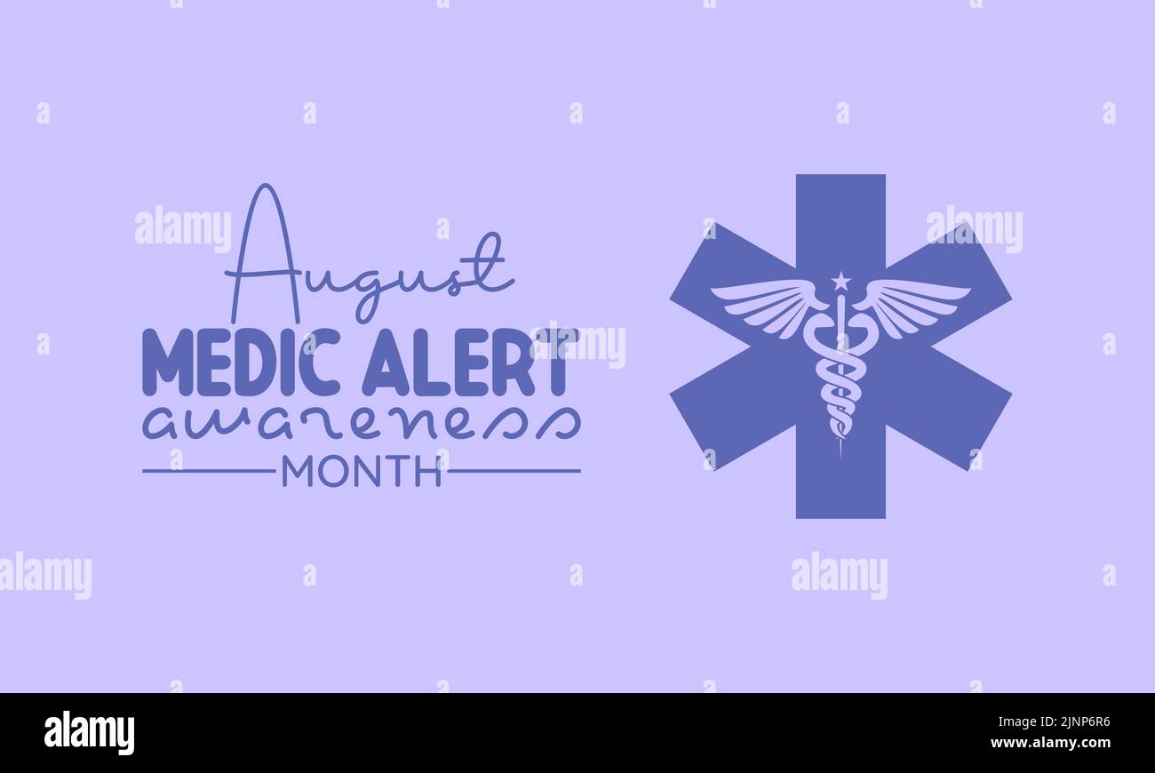 Medic Alert awareness month calligraphic banner design on purple background. Script lettering banner, poster, card concept idea. Health awareness vect Stock Vector