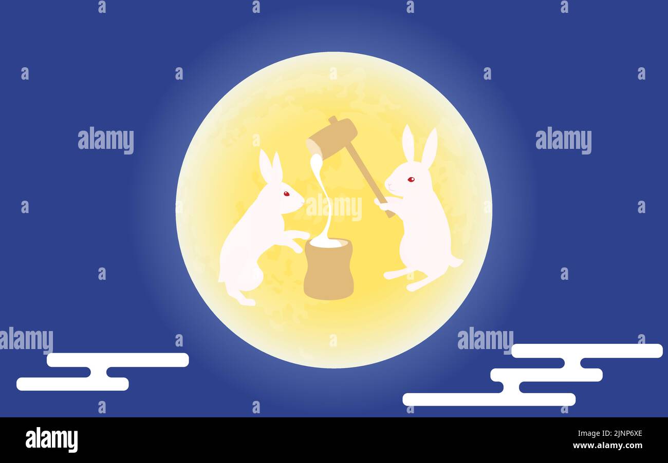 Moon and haze with a rabbit making rice cakes. Stock Vector