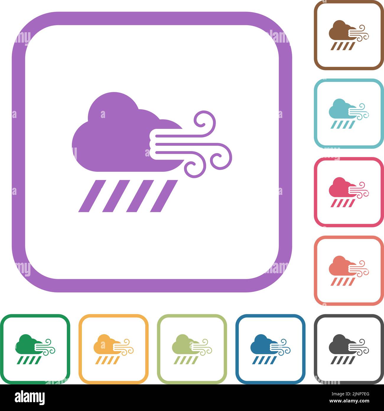 Windy and downpour weather simple icons in color rounded square frames