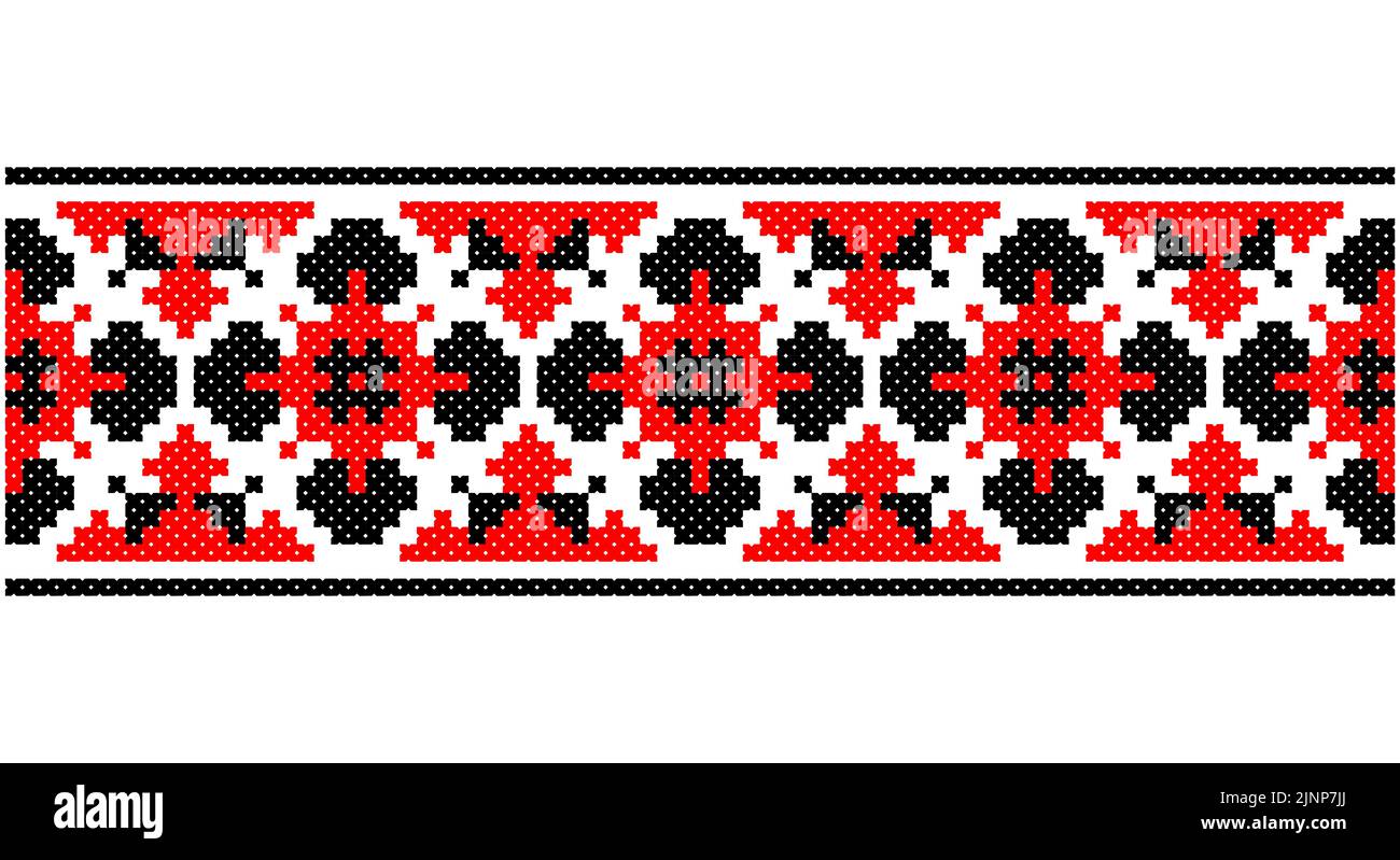 Seamless traditional Slavic ornament embroidered cross-stitch.Red black and white. Stock Vector