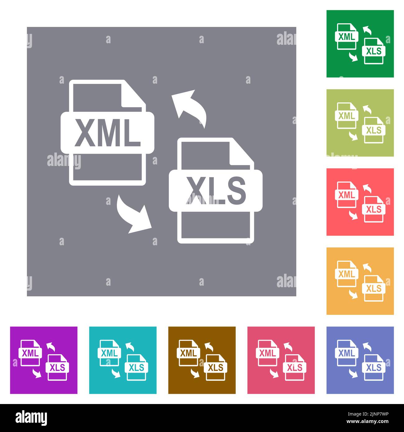 XML XLS file conversion flat icons on simple color square backgrounds Stock Vector