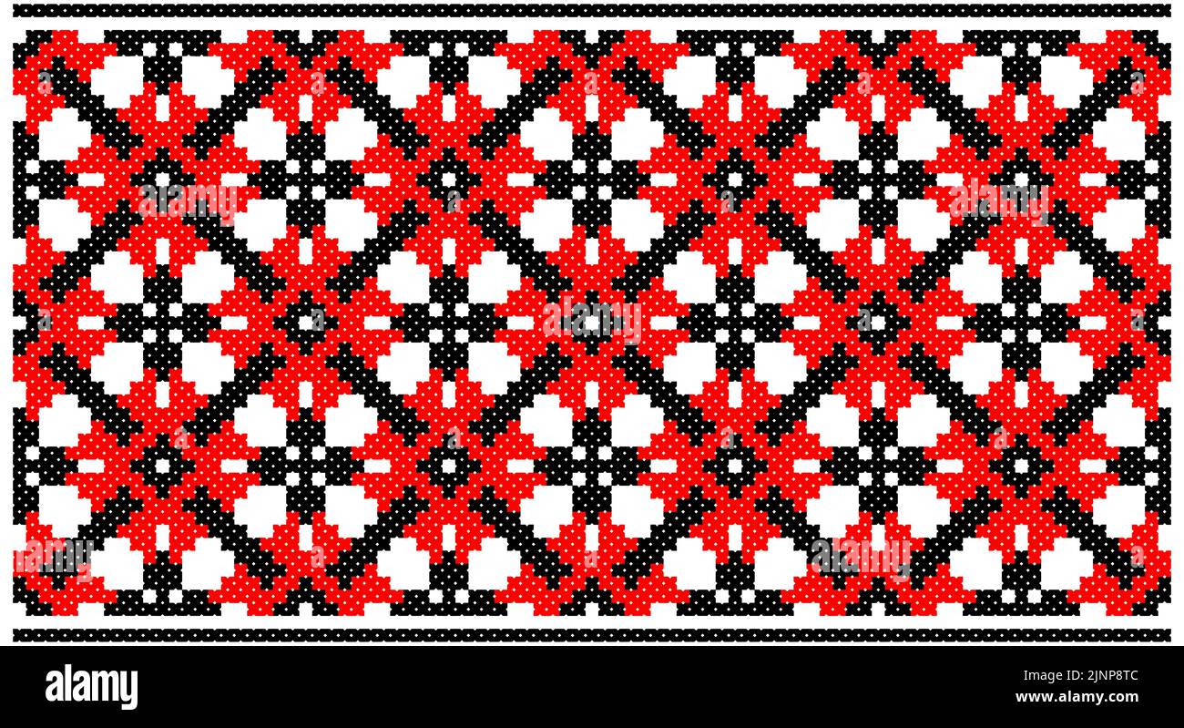 Seamless traditional Slavic ornament embroidered cross-stitch.Red black and white. Stock Vector