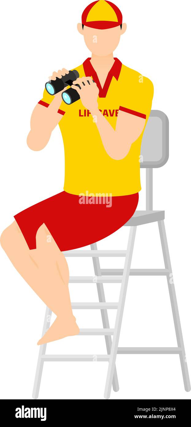 Male lifesavers in poses, Check for safety with binoculars from a watchtower Stock Vector