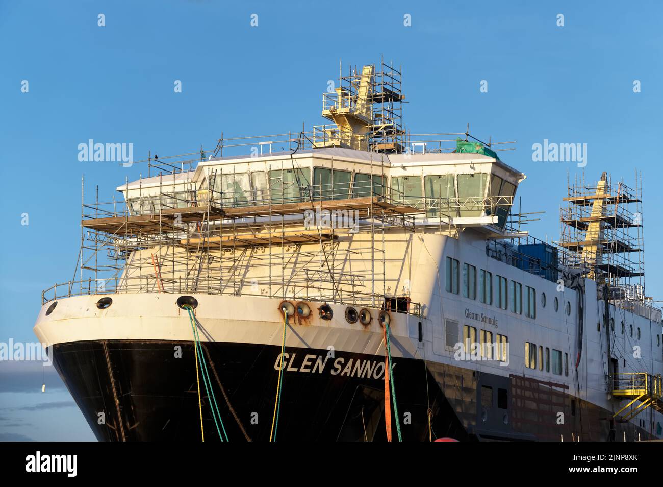 Port Glasgow, Scotland, UK, April 9th 2022, Ferguson Marine shipyard new Calmac ferry under construction Stock Photo