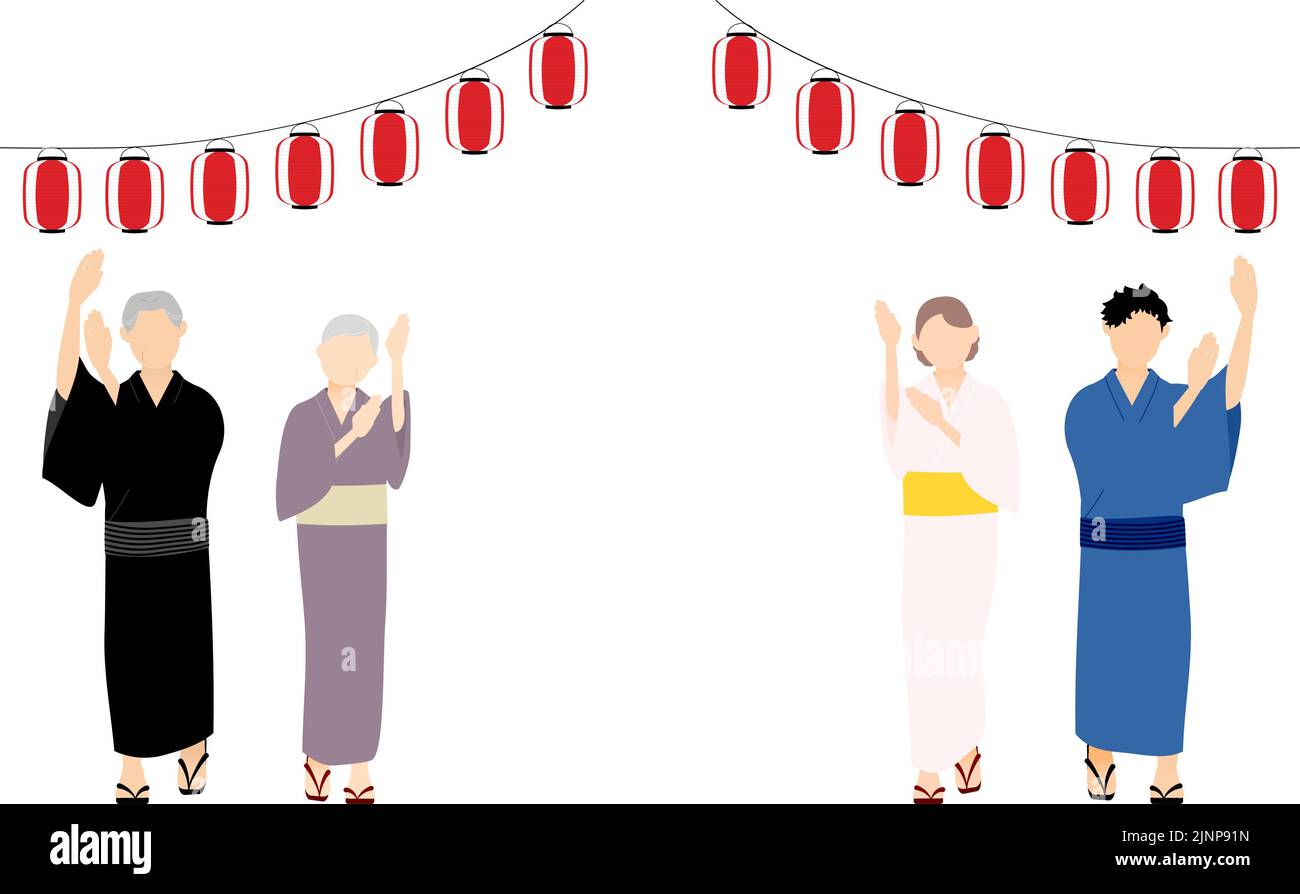 Bon dance, men and women of all ages dancing against a background of lanterns. Stock Vector