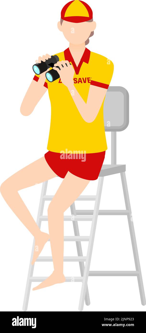 Female lifesavers in poses, Check for safety with binoculars from a watchtower Stock Vector