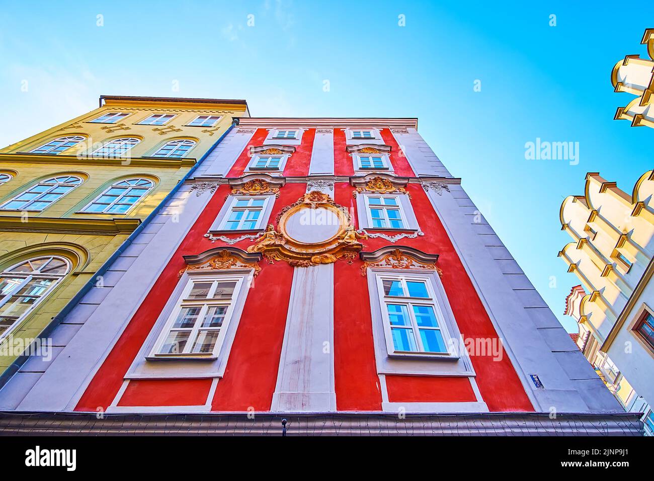 The houses on Karlova Street with scenic stucco decors, Stare Mesto (Old Town), Prague, Czech Republic Stock Photo
