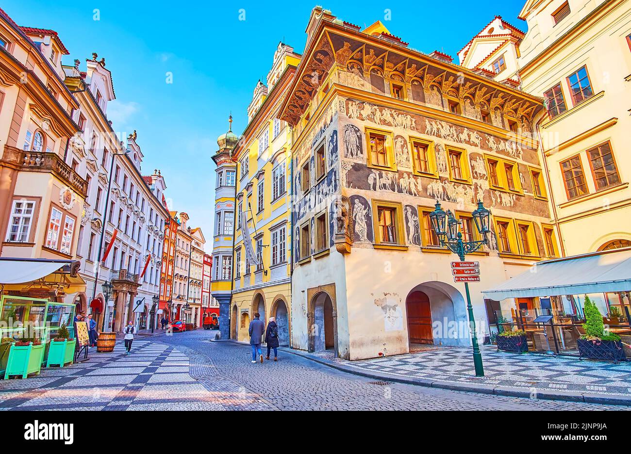 The outstanding House at the Minute (Dum u Minuty), covered with sgraffito decor, located on Old Town Square, Prague, Czech Republic Stock Photo