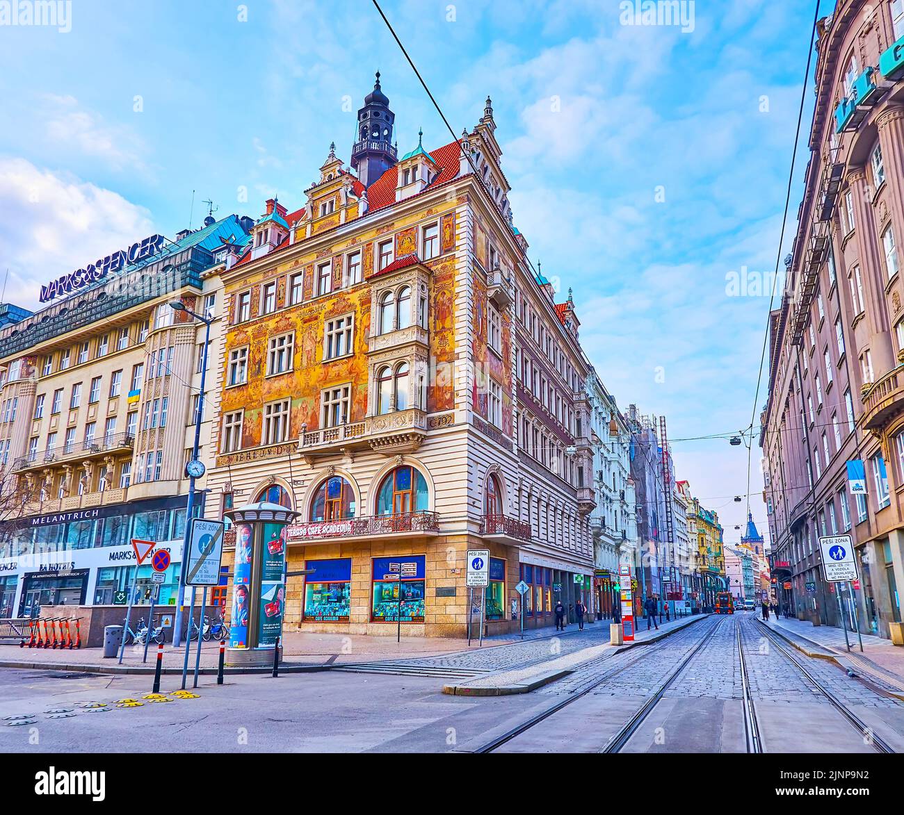 PRAGUE, CZECH REPUBLIC - MARCH 6, 2022: The colored frescoed Wiehl House on the corner of Wenceslas Square and Vodickova Street, on March 6 in Prague Stock Photo