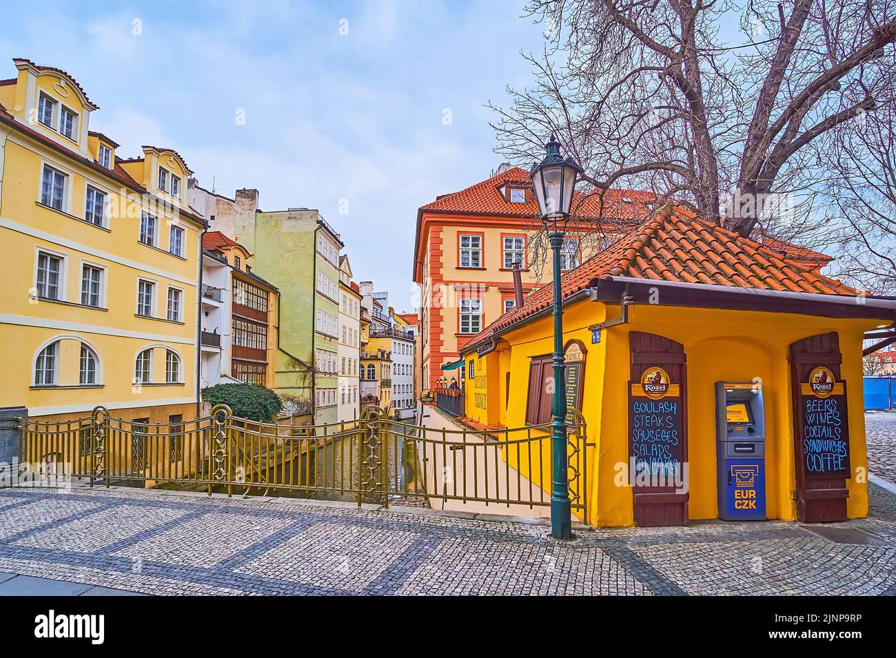 The small vintage restaurant on Na Kampe Street on the bank of Certovka (Devil's Canal), Mala Strana, Prague, Czech Republic Stock Photo