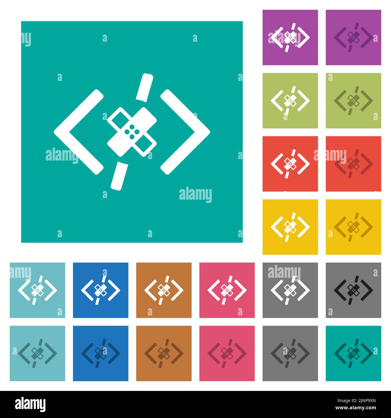 Software patch multi colored flat icons on plain square backgrounds. Included white and darker icon variations for hover or active effects. Stock Vector