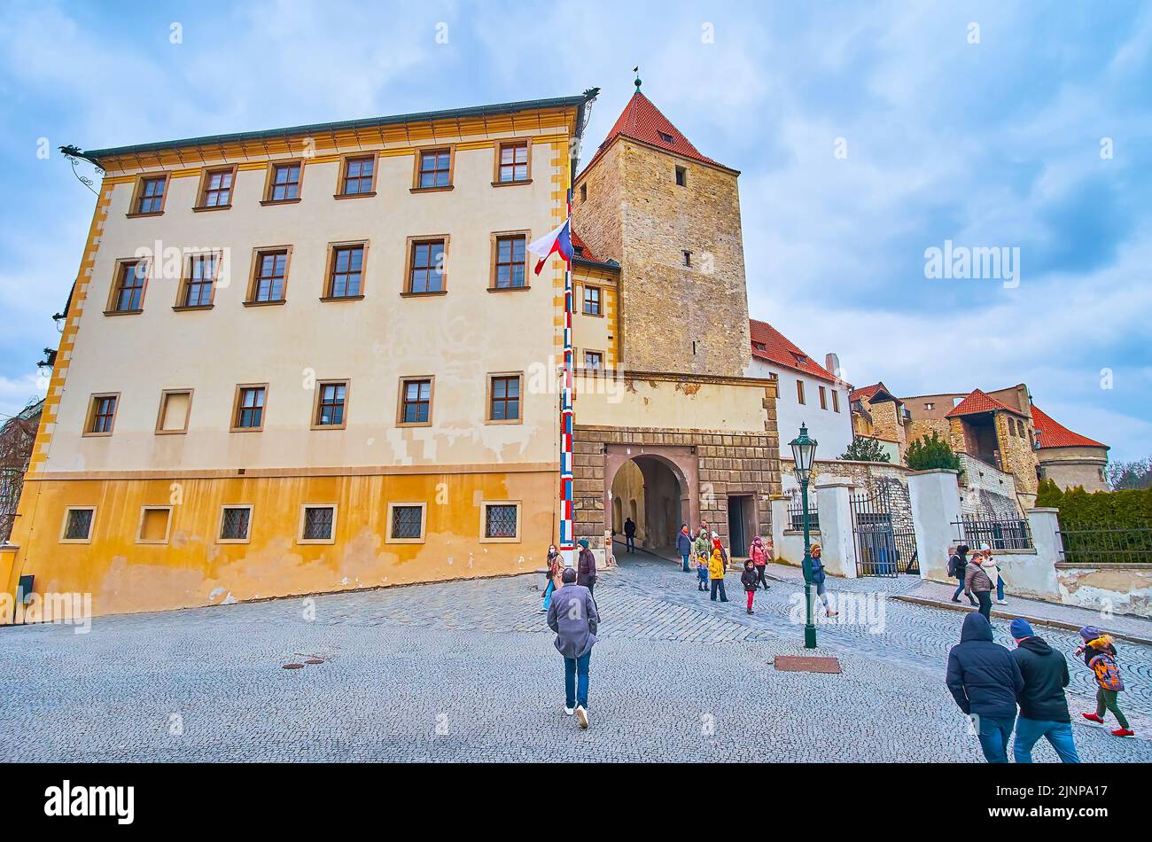 PRAGUE, CAZECH REPUBLIC - MARCH 6, 2022: The medieval Black Tower, built adjacent to the Lobkowicz Palace, located on Prague Castle grounds, on March Stock Photo