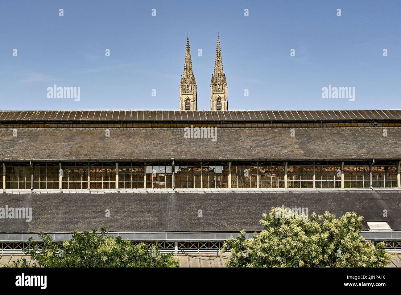 The twin towers of the église Sainte-André towering over the roof of the famous market hall of Niort, France Stock Photo