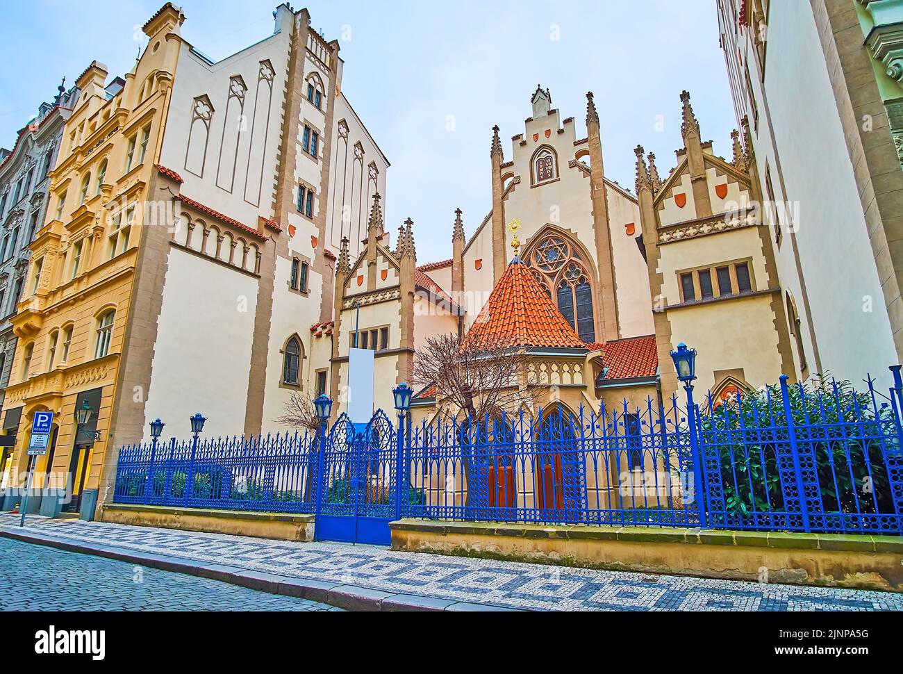 The Neo-Gothic facade of Maisel Synagogue (Maiselova Synagoga), located