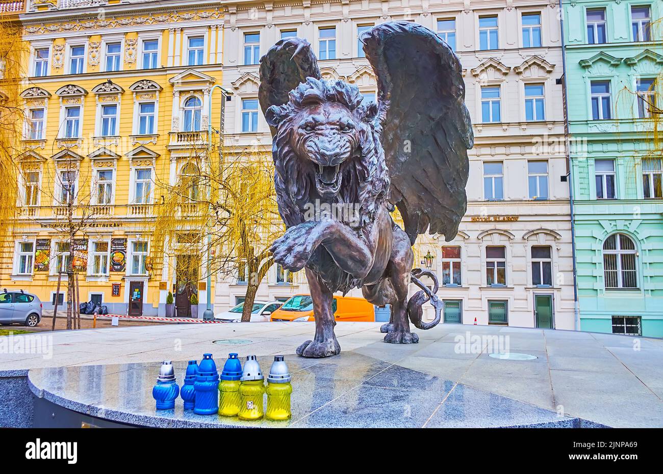 PRAGUE, CZECH REPUBLIC - MARCH 6, 2022: The Winged Lion Monument is one of the landmarks of Klarov Park in Mala Strana, on March 6 in Prague Stock Photo